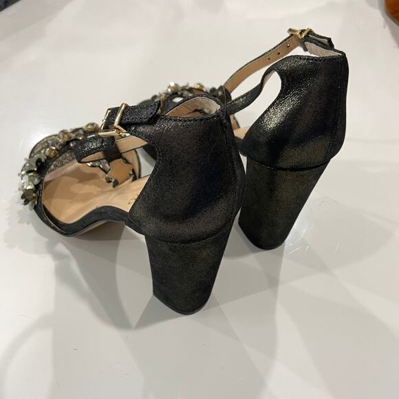 Vince Camuto Beaded Block Heels 8.5 Serafine Jeweled Suede T-Strap Heels - Picture 6 of 10